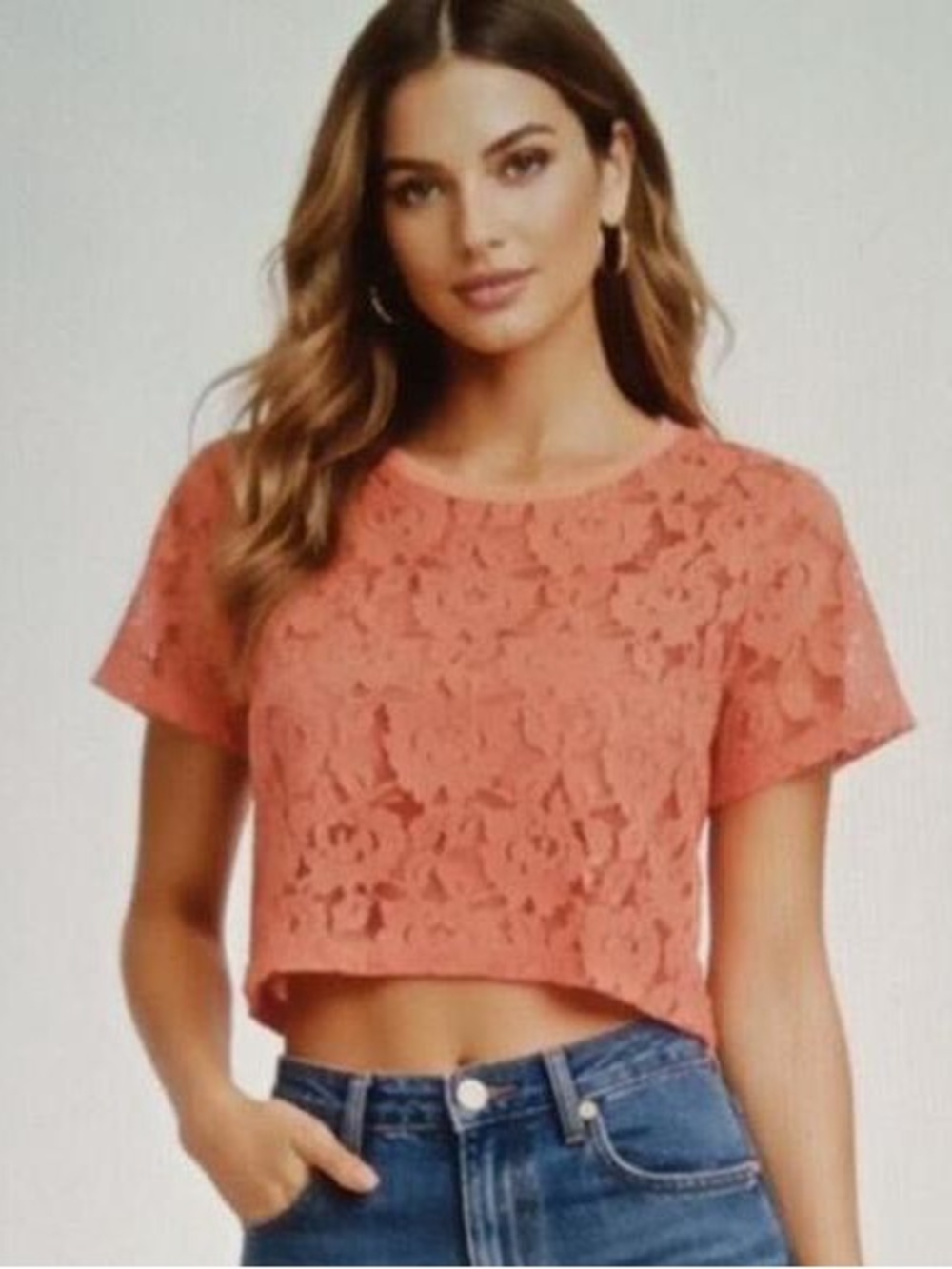 Anthropologie Coral Lace Short Sleeve Sheer Crop Top